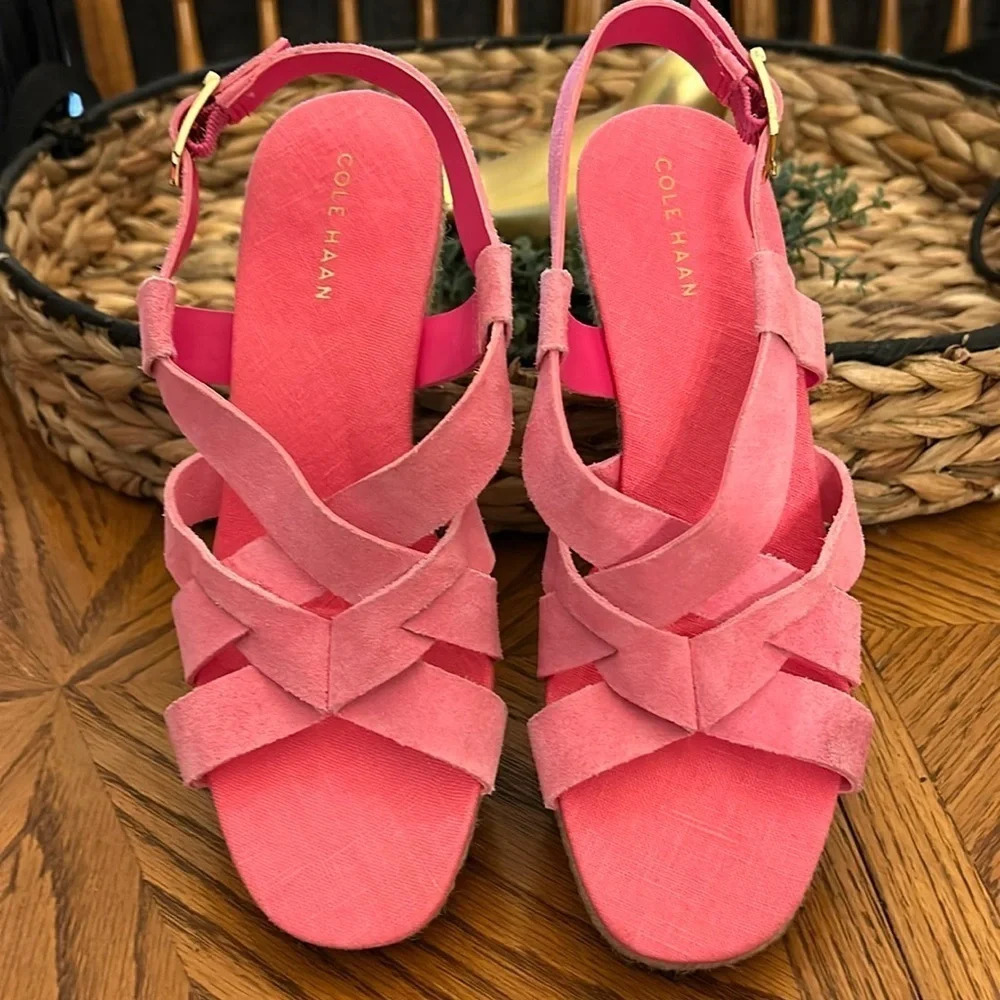 Cole Haan Women’s 6B Crystal Strappy Wedge Sandal,Neon Fuchsia,Suede & Leather